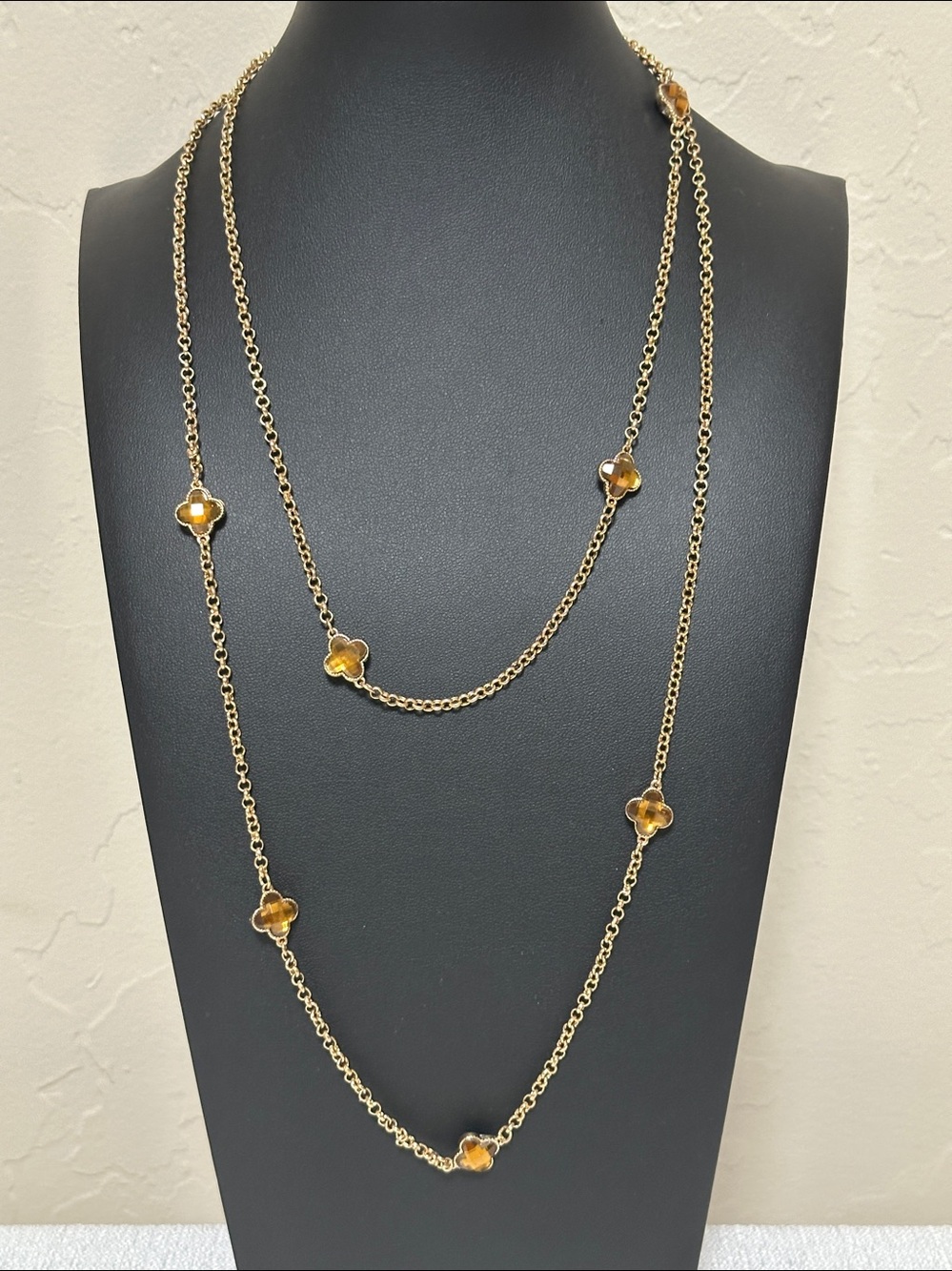 Dillards Faceted Amber Clover Motif Gold Tone Long Necklace